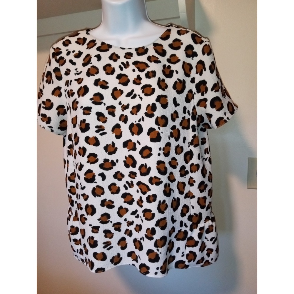 Zara Basic Womens Leopard Print Peplum Blouse Short Sleeve Button Back Top Large